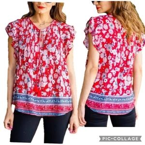 Knox Rose Red and White Floral Flutter Sleeve Peasant Boho Blouse – Size XS